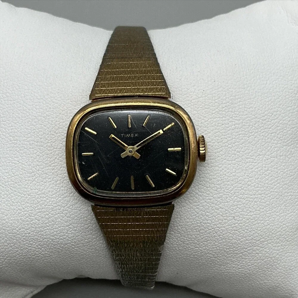 Vintage Timex Womens Watch 25mm Black Dial Gold Tone Mesh Band Manual Wind